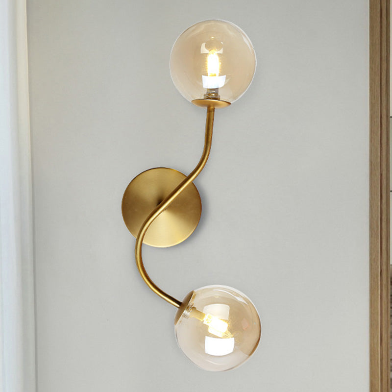 Modern Brass Wall Lamp Sconce With Clear/Tan Glass - Ball Stairway 2-Light Led Tan