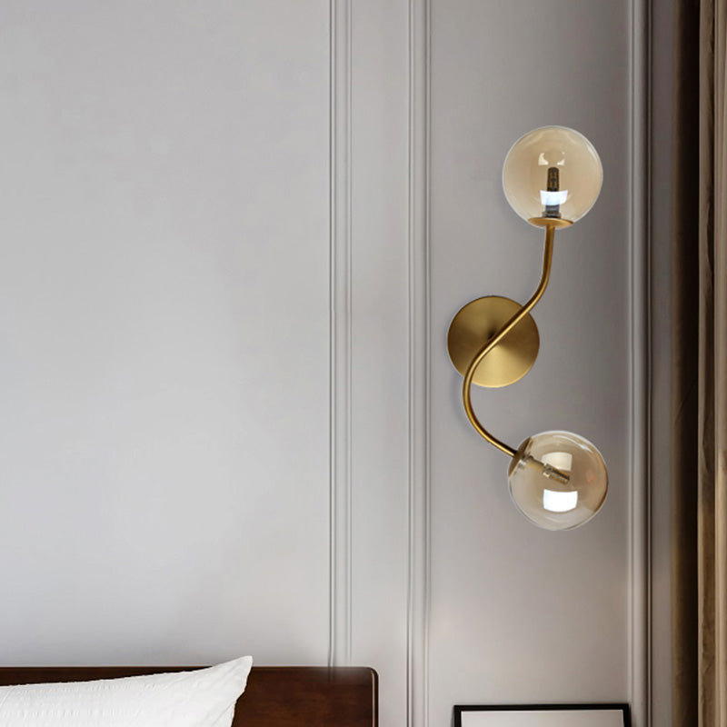 Modern Brass Wall Lamp Sconce With Clear/Tan Glass - Ball Stairway 2-Light Led