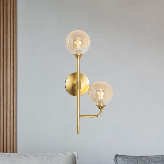 Amber/Smoke Gray Glass 2-Head Led Wall Sconce - Sphere Bathroom Mount Light With Brass Finish