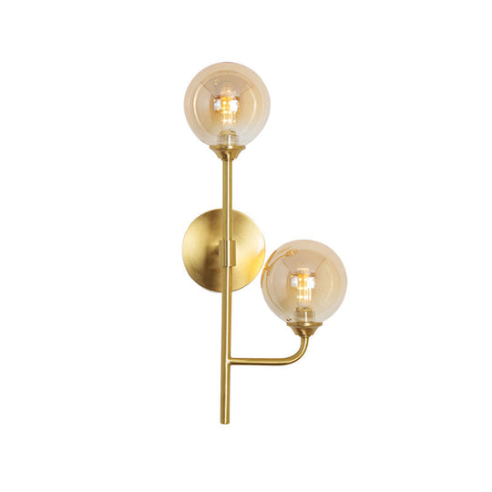 Amber/Smoke Gray Glass 2-Head Led Wall Sconce - Sphere Bathroom Mount Light With Brass Finish