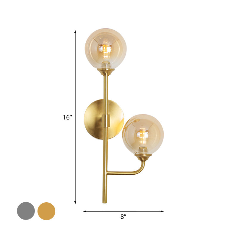 Amber/Smoke Gray Glass 2-Head Led Wall Sconce - Sphere Bathroom Mount Light With Brass Finish