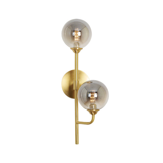 Amber/Smoke Gray Glass 2-Head Led Wall Sconce - Sphere Bathroom Mount Light With Brass Finish