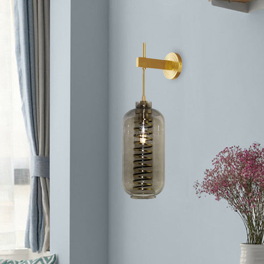 Brass Mounted Smoke Gray Glass Wall Sconce Light - Post-Modern Cylinder Lamp