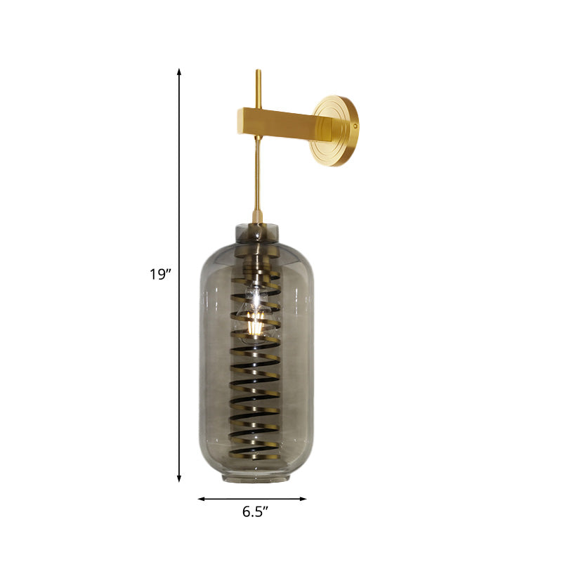 Brass Mounted Smoke Gray Glass Wall Sconce Light - Post-Modern Cylinder Lamp