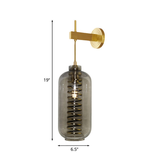 Brass Mounted Smoke Gray Glass Wall Sconce Light - Post-Modern Cylinder Lamp