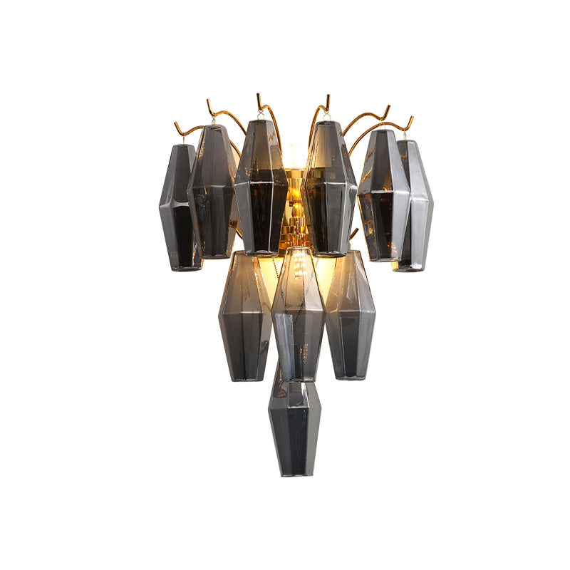 Modernist Amber/Smoke Gray/Grey And Yellow Glass 3-Tier Diamond Wall Lighting - 7-Light Mounted Lamp