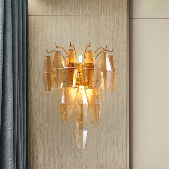 Modernist Amber/Smoke Gray/Grey And Yellow Glass 3-Tier Diamond Wall Lighting - 7-Light Mounted Lamp