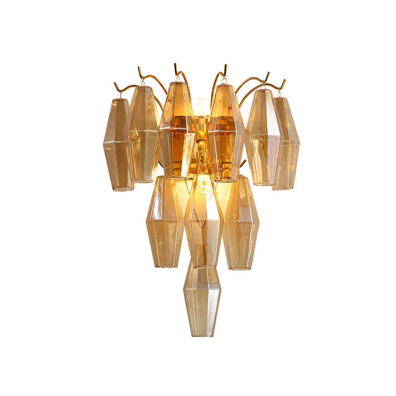 Modernist Amber/Smoke Gray/Grey And Yellow Glass 3-Tier Diamond Wall Lighting - 7-Light Mounted Lamp