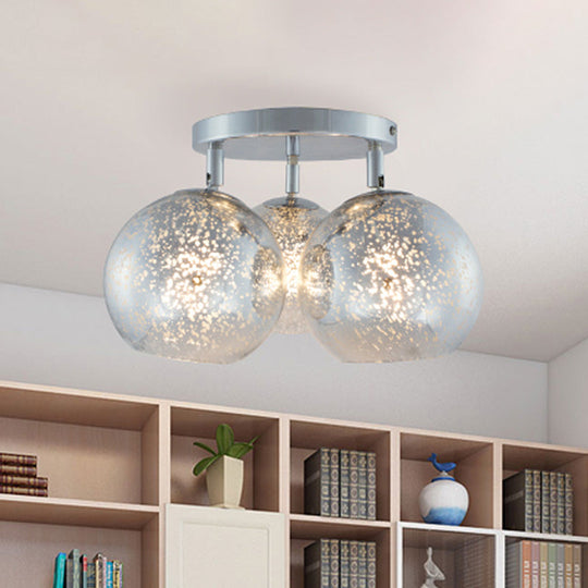 Sleek Chrome Spherical Semi Flush Lighting With Modern Design 3 Bulbs White Frosted/Silver Dot Glass