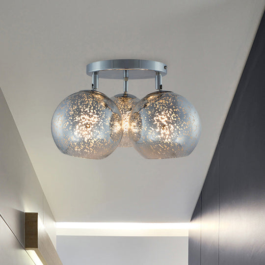 Sleek Chrome Spherical Semi Flush Lighting With Modern Design 3 Bulbs White Frosted/Silver Dot Glass