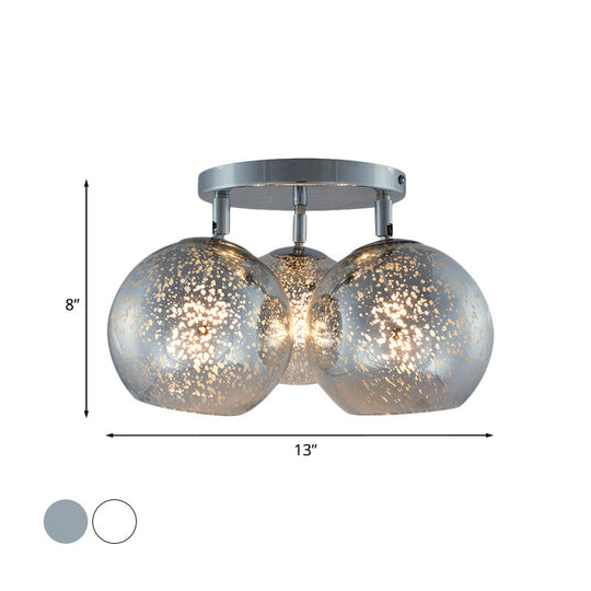 Sleek Chrome Spherical Semi Flush Lighting With Modern Design 3 Bulbs White Frosted/Silver Dot Glass