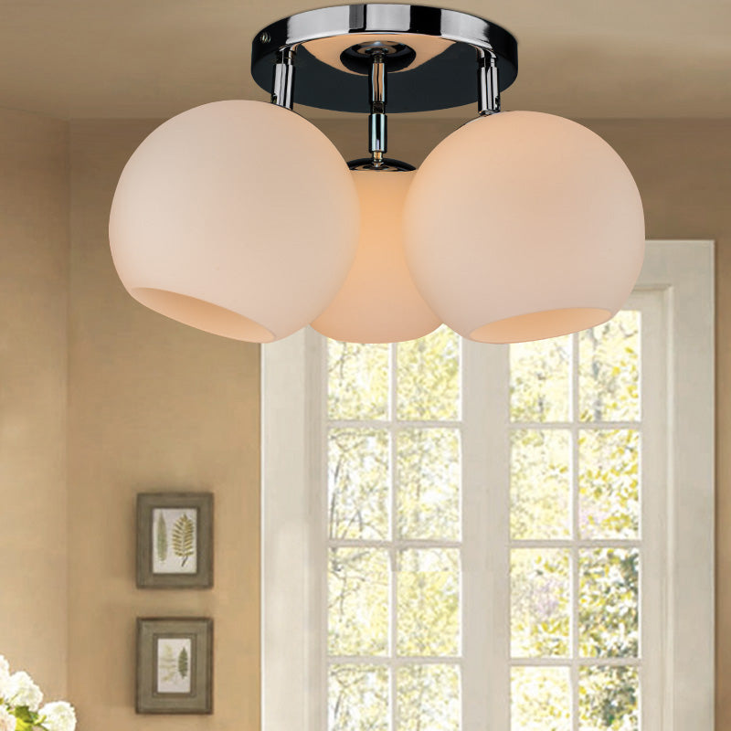 Sleek Chrome Spherical Semi Flush Lighting With Modern Design 3 Bulbs White Frosted/Silver Dot Glass