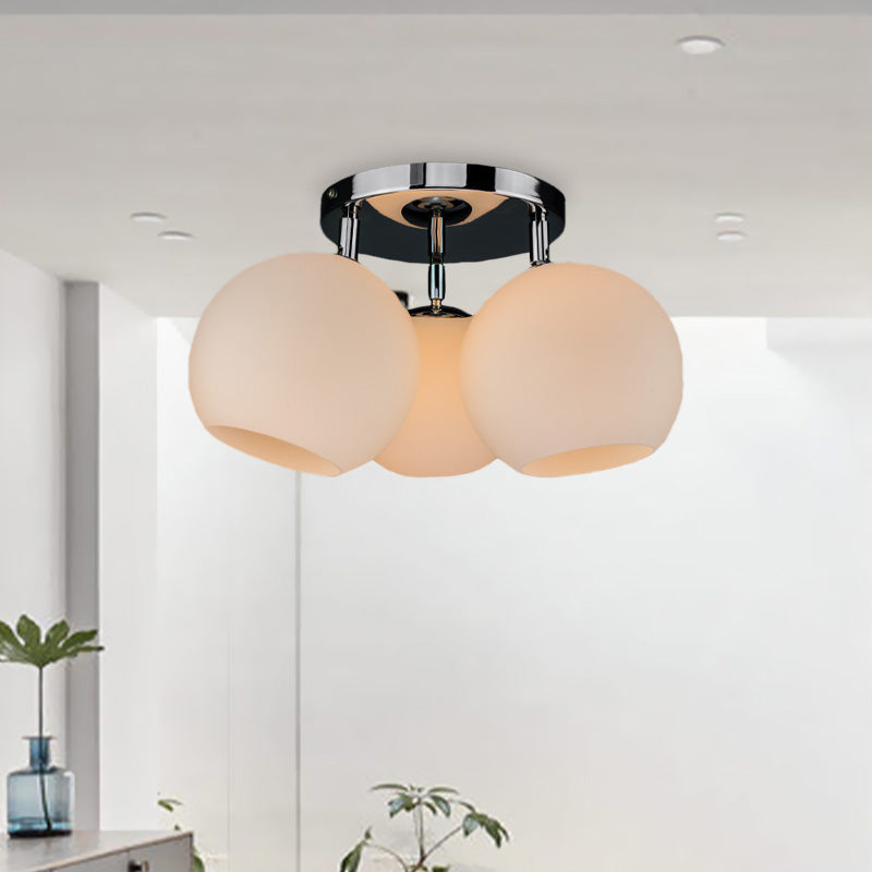 Sleek Chrome Spherical Semi Flush Lighting With Modern Design 3 Bulbs White Frosted/Silver Dot Glass