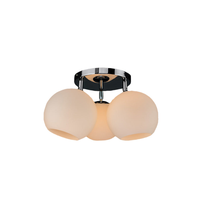 Sleek Chrome Spherical Semi Flush Lighting With Modern Design 3 Bulbs White Frosted/Silver Dot Glass