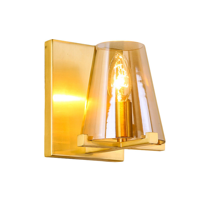 Post-Modern Rectangle Wall Sconce With Gold Finish Conic Amber Glass Shade & 1 Bulb