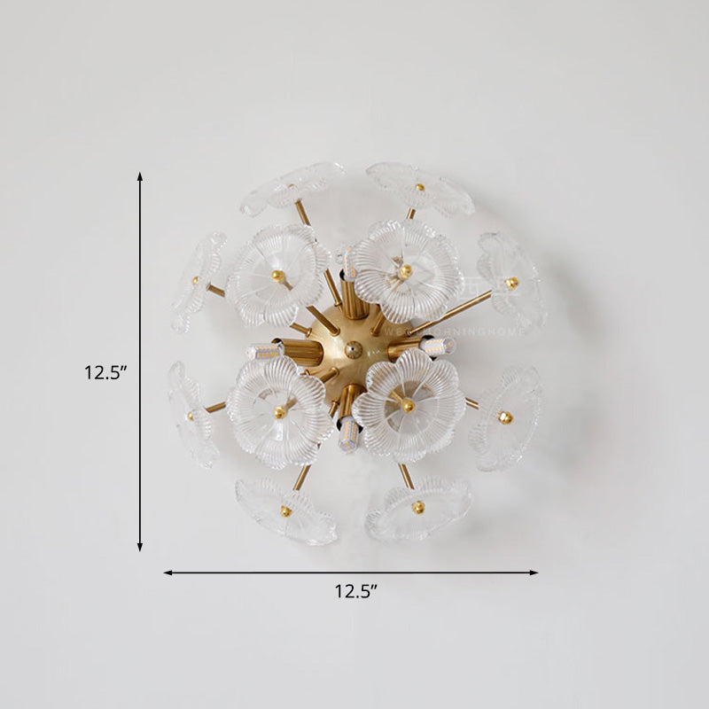 Contemporary Clear Glass Flower Wall Sconce With 4 Gold-Finished Heads