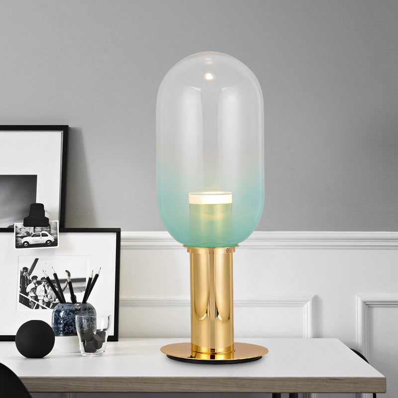 Gradient Green Glass Led Night Lamp In Gold - Modernist Bedroom Table Light