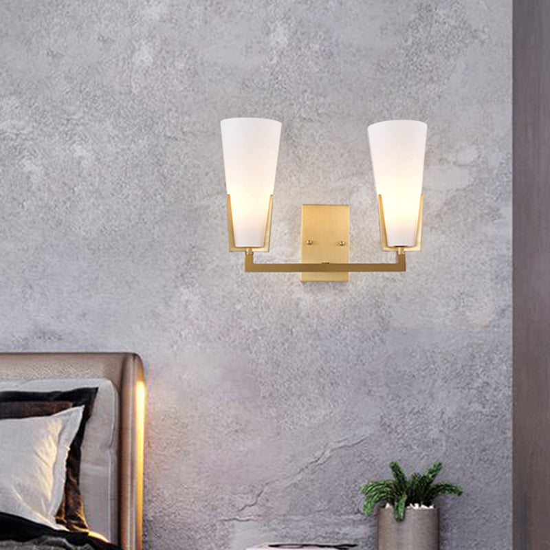 Modern Brass Cone Wall Sconce With White Glass Shade - Bedside Lighting Fixture 2 Bulbs