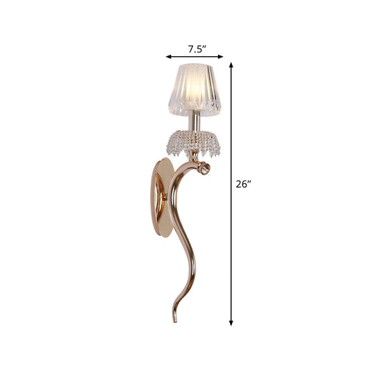 Contemporary Rose Gold Wave Sconce With Clear Ribbed Glass Shade - Wall Mounted Metal Lighting