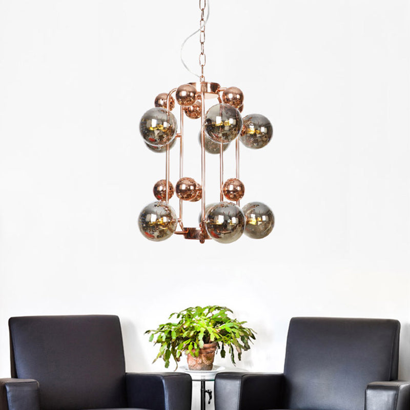 Modernist Smoke Gray/Amber Glass 10-Light Ball Chandelier: Elegant Rose Gold Ceiling Suspension Lamp