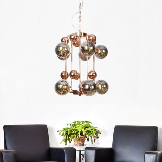 Modern Smoke Gray/Amber Glass 10-Light Rose Gold Chandelier With Hanging Balls Gray