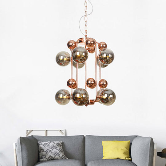 Modernist Smoke Gray/Amber Glass 10-Light Ball Chandelier: Elegant Rose Gold Ceiling Suspension Lamp