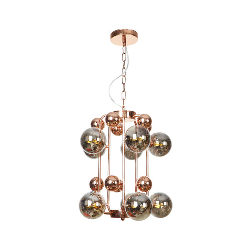 Modernist Smoke Gray/Amber Glass 10-Light Ball Chandelier: Elegant Rose Gold Ceiling Suspension Lamp