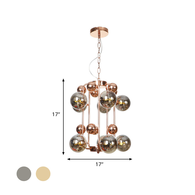 Modernist Smoke Gray/Amber Glass 10-Light Ball Chandelier: Elegant Rose Gold Ceiling Suspension Lamp