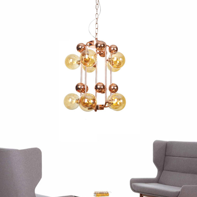 Modernist Smoke Gray/Amber Glass 10-Light Ball Chandelier: Elegant Rose Gold Ceiling Suspension Lamp