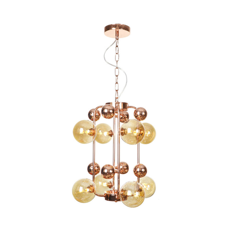 Modernist Smoke Gray/Amber Glass 10-Light Ball Chandelier: Elegant Rose Gold Ceiling Suspension Lamp