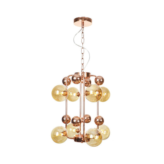 Modernist Smoke Gray/Amber Glass 10-Light Ball Chandelier: Elegant Rose Gold Ceiling Suspension Lamp