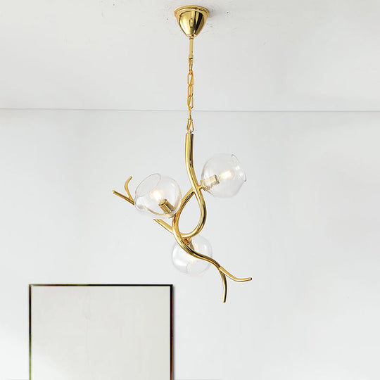 Modern Gold Finish Branch Pendant Chandelier - Clear Glass, LED Ceiling Light (3 Heads)