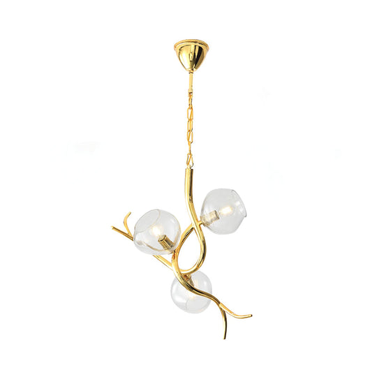 Modern Gold Finish Branch Pendant Chandelier - Clear Glass, LED Ceiling Light (3 Heads)