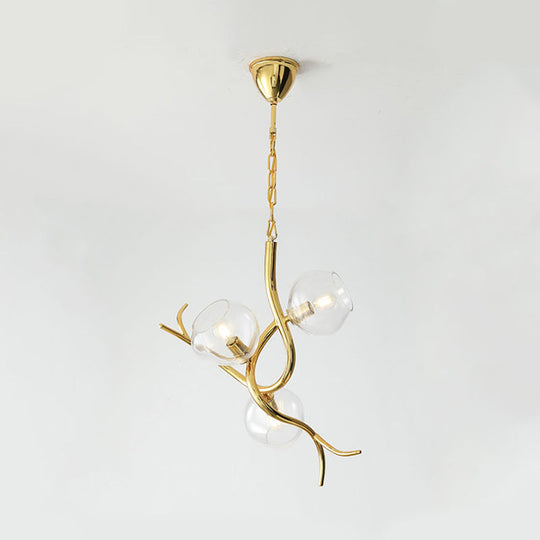 Modern Gold Finish Branch Pendant Chandelier - Clear Glass, LED Ceiling Light (3 Heads)