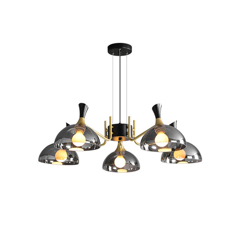 Modern Dome Chandelier With Smoke Gray And Amber Glass - 5 Bulb Bedroom Pendant Light