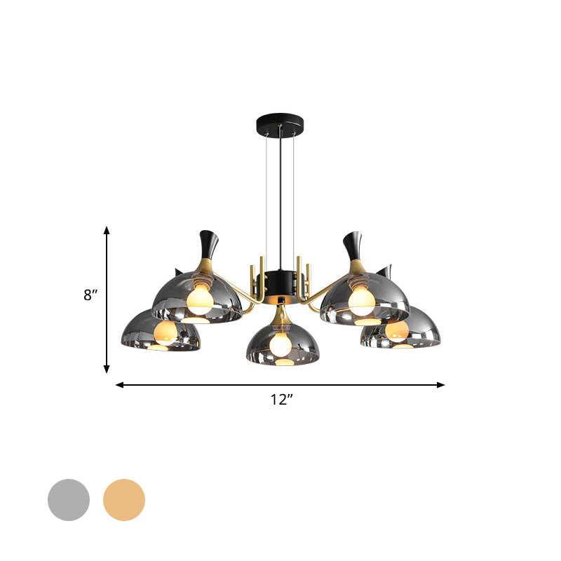 Modernism Dome Ceiling Chandelier - Smoke Gray/Amber Glass - 5 Bulbs - Bedroom Pendant Light