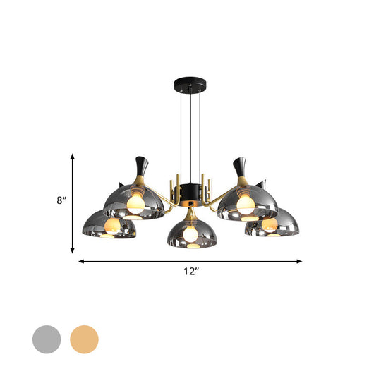 Modernism Dome Ceiling Chandelier - Smoke Gray/Amber Glass - 5 Bulbs - Bedroom Pendant Light