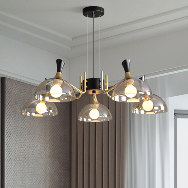 Modernism Dome Ceiling Chandelier - Smoke Gray/Amber Glass - 5 Bulbs - Bedroom Pendant Light