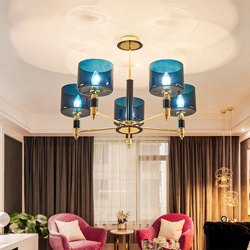 Sleek 5-Headed Gold Ceiling Light with Blue Glass Shade for Living Room