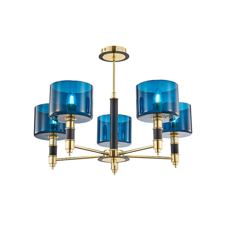 Sleek 5-Headed Gold Ceiling Light with Blue Glass Shade for Living Room