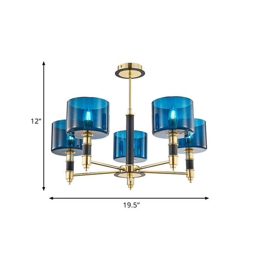 Sleek 5-Headed Gold Ceiling Light with Blue Glass Shade for Living Room