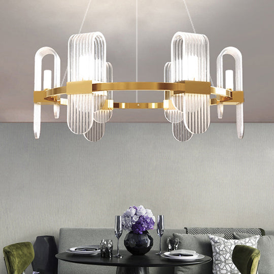 Modern Acrylic 6-Light Gold LED Pendant Chandelier - Bend Rectangle Panel Design