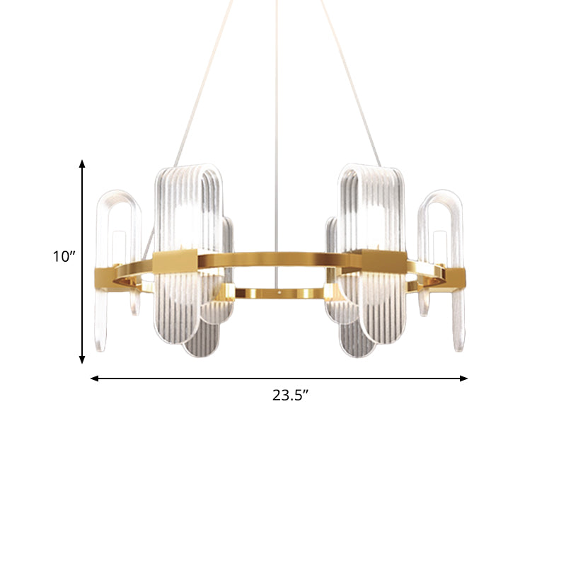 Modernist Acrylic Chandelier - Gold Led Ceiling Pendant Lamp Bend Rectangle Panel 6-Light Design