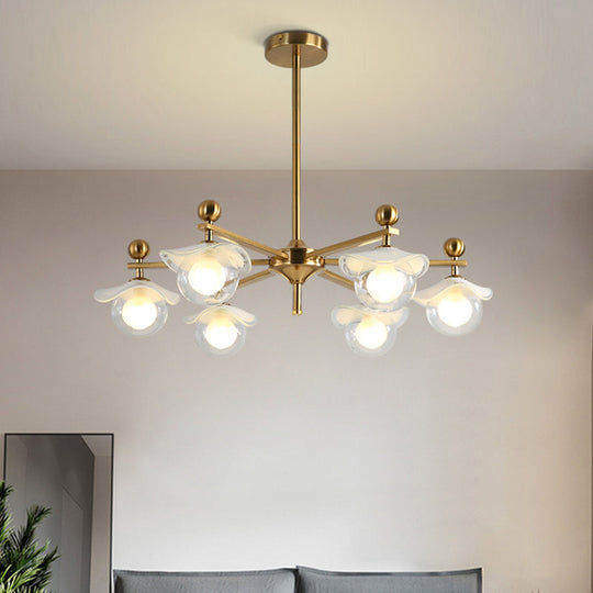 Modern 6-Head Gold Radial LED Chandelier Pendant Light with Clear Glass Globe and Wave Cap