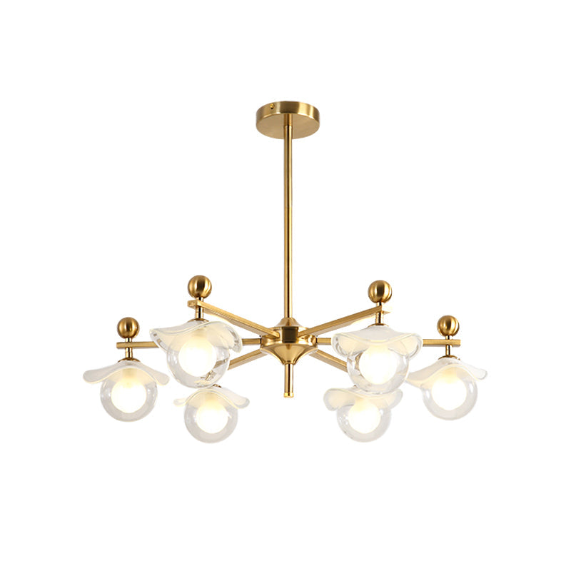 Modern 6-Head Gold Radial LED Chandelier Pendant Light with Clear Glass Globe and Wave Cap