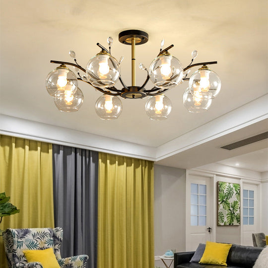 Modernist Semi Flush Mount Ceiling Light - Cream/Clear Glass - Black and Gold - Crystal Accent - 8-Bulb