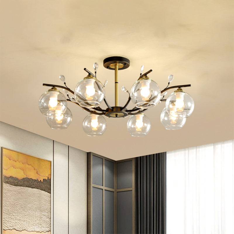 Modernist Semi Flush Mount Ceiling Light - Cream/Clear Glass - Black and Gold - Crystal Accent - 8-Bulb