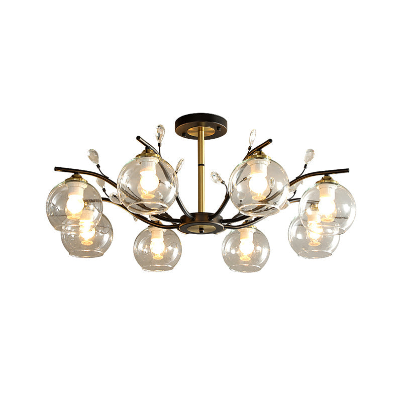 Modernist Semi Flush Mount Ceiling Light - Cream/Clear Glass - Black and Gold - Crystal Accent - 8-Bulb