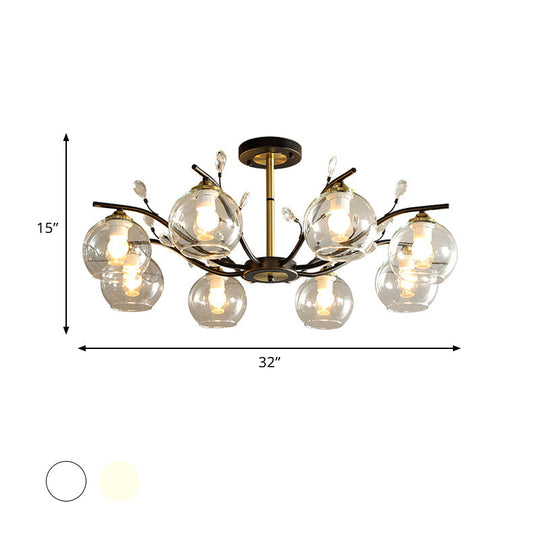 Modernist Semi Flush Mount Ceiling Light - Cream/Clear Glass - Black and Gold - Crystal Accent - 8-Bulb