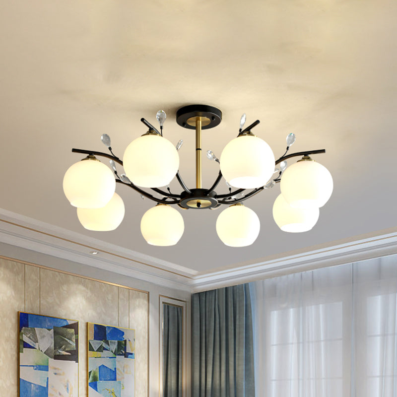 Modernist Semi Flush Mount Ceiling Light - Cream/Clear Glass - Black and Gold - Crystal Accent - 8-Bulb